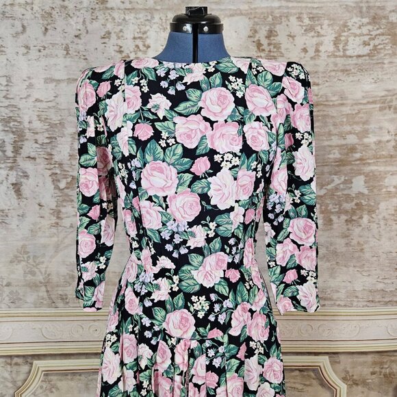 Vintage 1980s Drop Waist Floral Dress S Cottagecore RomCom Pink Rose Vtg 80s - Picture 4 of 12